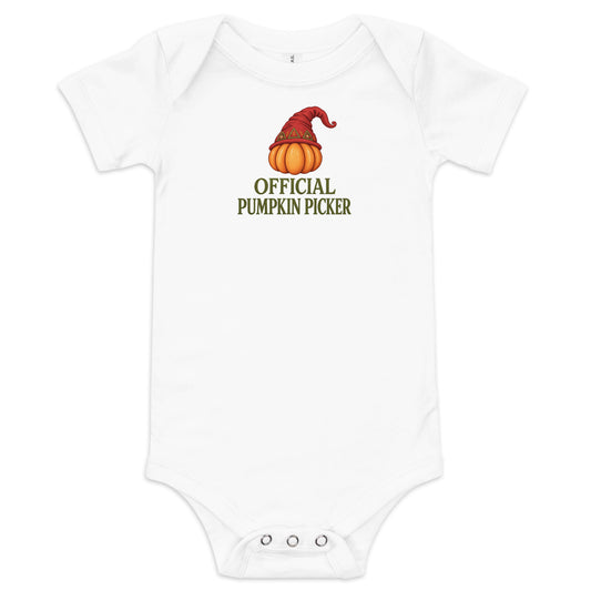 Official Pumpkin Picker — Baby Bodysuit, front view, digital supplier preview of the actual print file