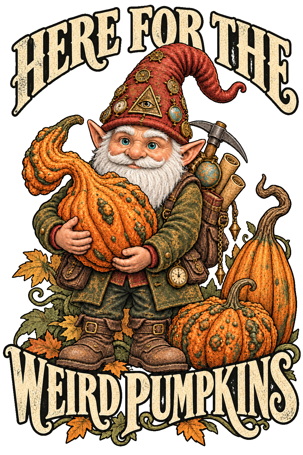 Original MasterGnome gnome and unusual pumpkins illustration, reading Here for the Weird Pumpkins.
