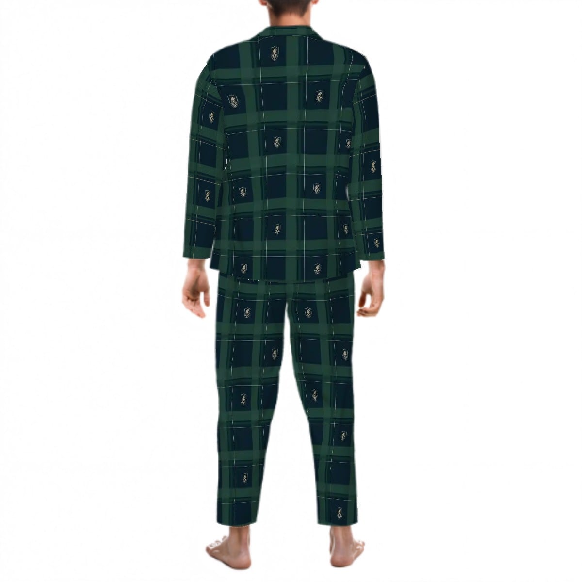 Back of Midnight Shield men's matching pajama shirt and pants on a model; digital supplier preview.