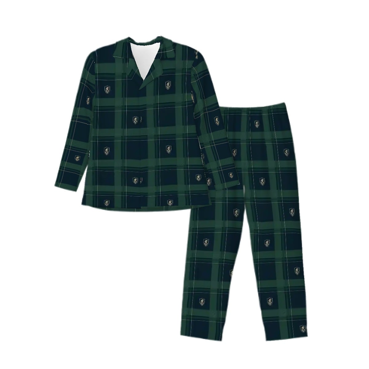Midnight Shield men's button-front pajama shirt and matching pants in navy and forest-green plaid; digital preview.