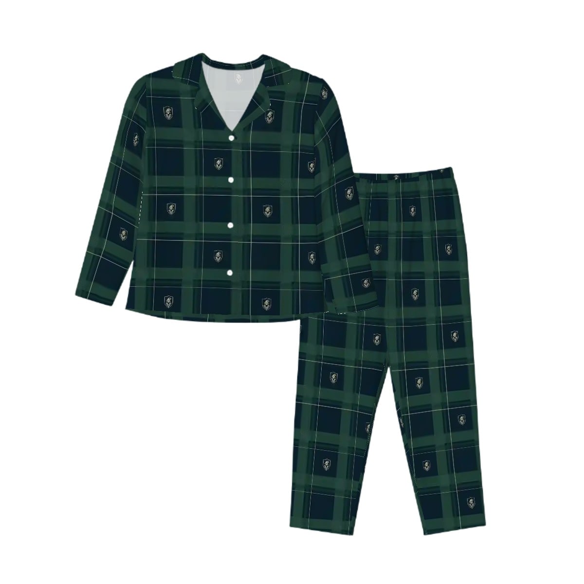 Midnight Shield women's button-front pajama shirt and matching pants in navy and forest-green plaid; digital preview.