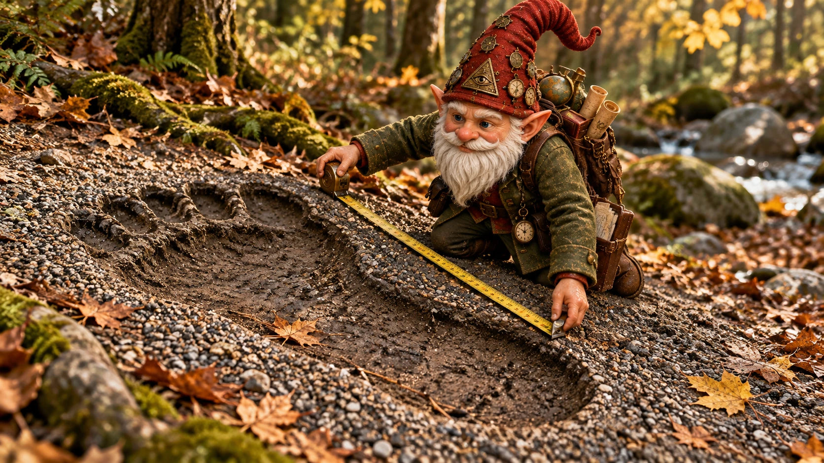 Illustration of the Master Gnome solemnly measuring an enormous footprint in woodland gravel.