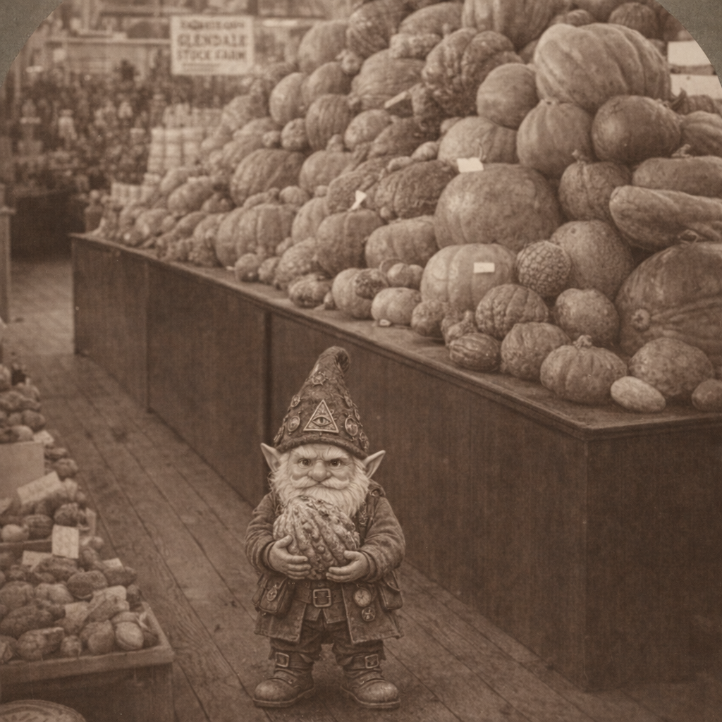 The fictional Master Gnome holding an odd pumpkin in a 1904 World's Fair pumpkin exhibit