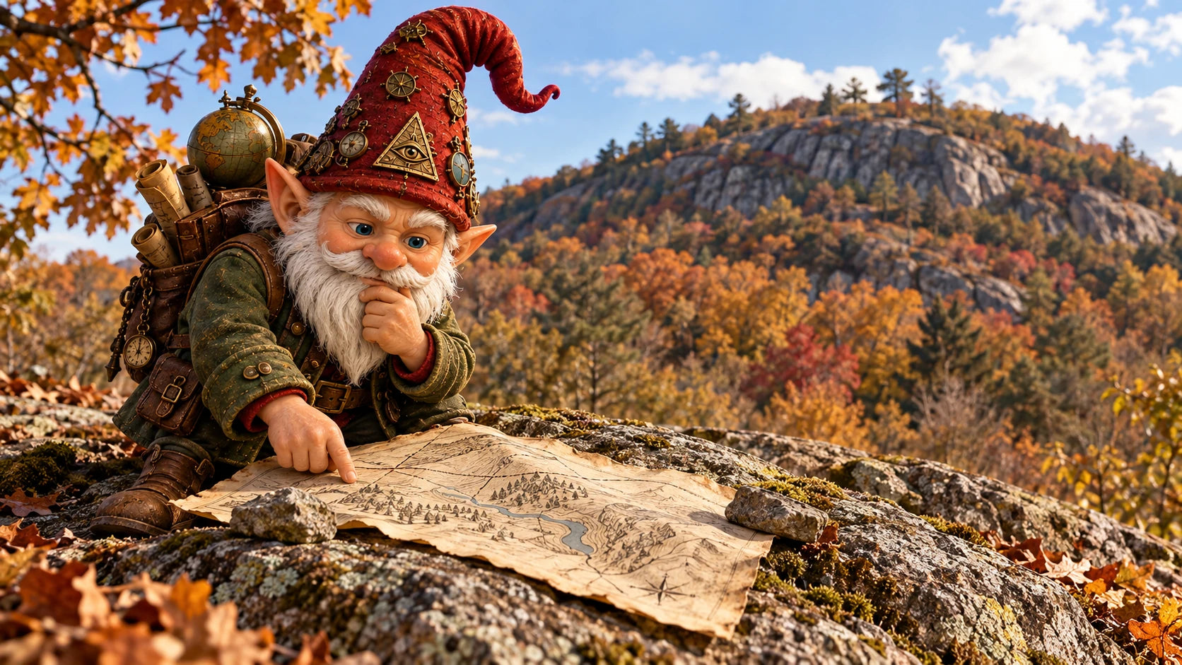 Illustration of the Master Gnome consulting a survey map on a rocky ledge below an autumn hill.
