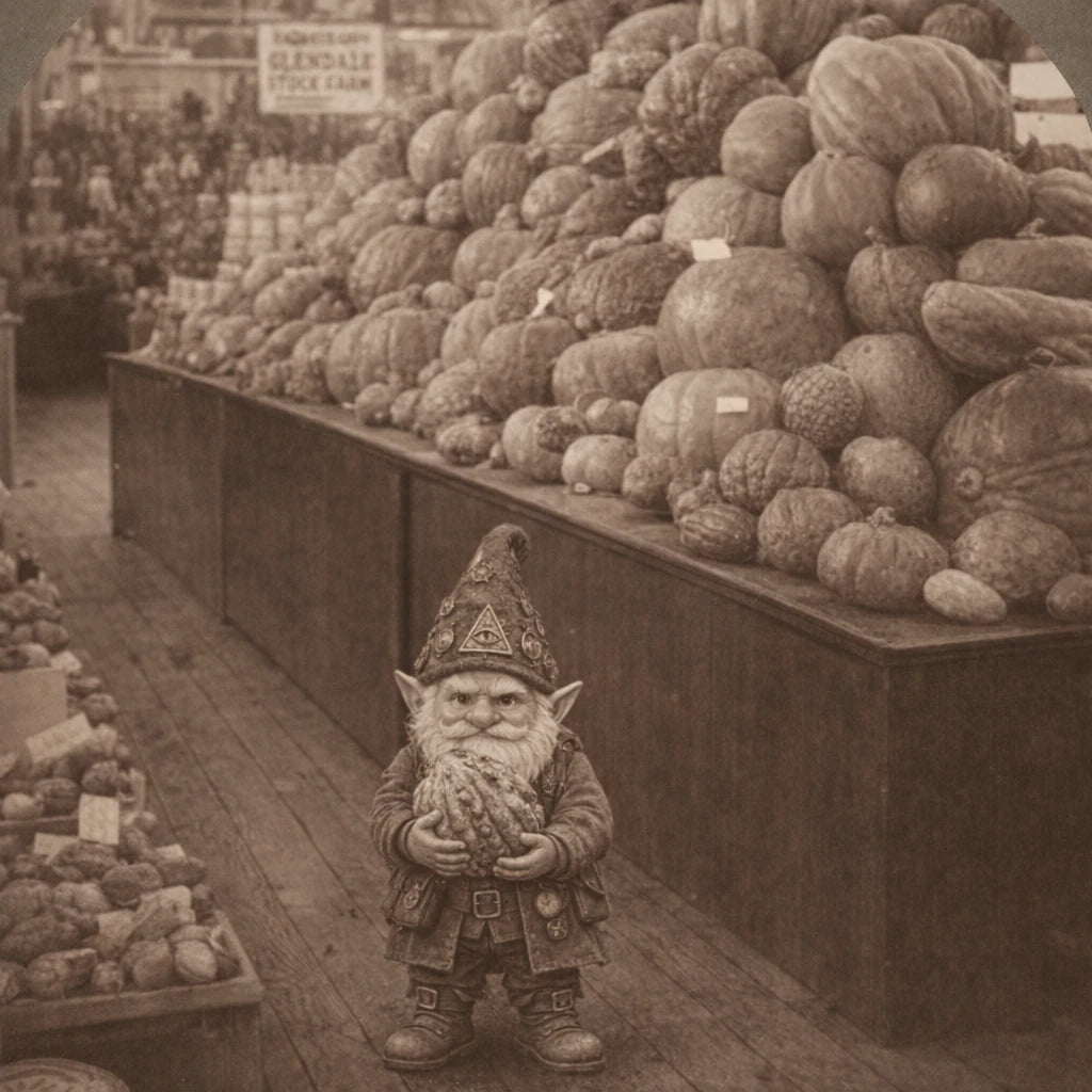 Generated archival scene of the Master Gnome holding a warty gourd beside the 1904 pumpkin exhibit.